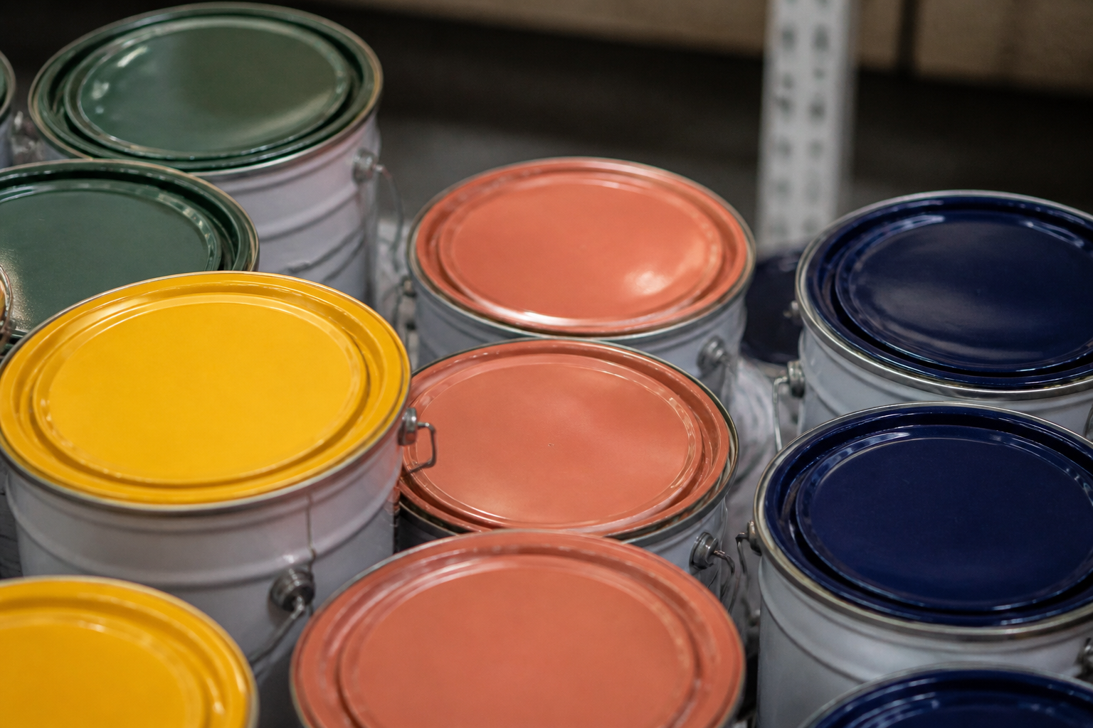 Latas de pintura de colores en estantería